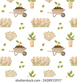 Seamless pattern, garden wheelbarrow, shovel, rake, boots, gloves, watering can, birdhouse. Background, spring print, vector