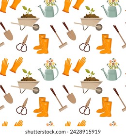 Seamless pattern, garden wheelbarrow, shovel, rake, boots, gloves, watering can, birdhouse. Background, spring print, vector