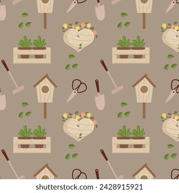 Seamless pattern, garden wheelbarrow, shovel, rake, boots, gloves, watering can, birdhouse. Background, spring print, vector