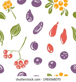 Patrón sin mar con jardín y bayas silvestres. Colorido papel cortado colección de frutas y bayas aisladas en fondo blanco. Doodle dibujó frutas a mano. Ilustración del vector