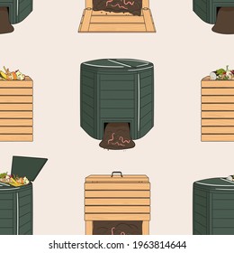 Seamless pattern with garden wood and plastic composters. Recycling organic waste. Farming and agriculture. Home composting and zero waste concept. Hand drawn vector illustration.