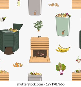 Seamless pattern with garden wood and plastic composters, kitchen scraps. Recycling organic waste. Farming and agriculture. Home composting and zero waste concept. Hand drawn vector illustration.