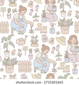 Seamless Pattern with Gardeners and Gardening Tools on White Background. Repeating Template with Women Planting Flowers and Garden Equipment. Pastel Hand Drawn Doodle. Vector illustration. Not AI