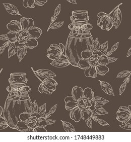 Seamless pattern with gardenia flower, bud and bottle of gardenia essential oil. Cosmetic, perfumery and medical plant. Vector hand drawn illustration