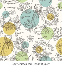 Seamless pattern with gardenia taitensis: tiare plant, leaves and gardenia taitensis flowers and bottle of gardenia essential oil. Gardenia tahitian. Cosmetic, perfumery, plant. Vector hand drawn