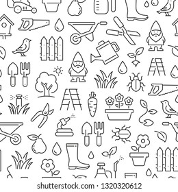 Seamless pattern with gardening. Black and white thin line icons