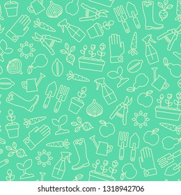 Seamless pattern with gardening design elements. Simple line icons on green background