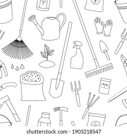 Seamless pattern gardening elements black and white vector illustration. Garden tools.