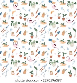 Patrón sin foco con elementos de jardinería, actividades de bricolaje.  El concepto de jardinería en el hogar y cuidado de plantas. Fondo vector abstracto dibujado a mano.
