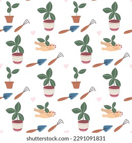 Patrón sin foco con elementos de jardinería, actividades de bricolaje. El concepto de jardinería en el hogar y cuidado de plantas. Fondo vector abstracto dibujado a mano. 