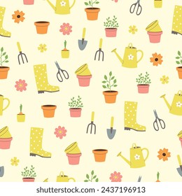 Seamless pattern of gardening elements and flowers on beige background. Template for cards, posters, fabric, prints and wallpaper. Vector illustration