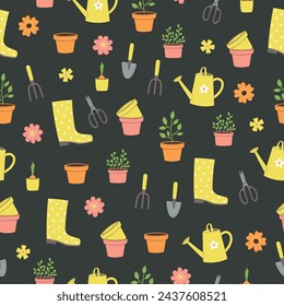 Seamless pattern of gardening elements and flowers on grey background. Template for cards, posters, fabric, prints and wallpaper. Vector illustration