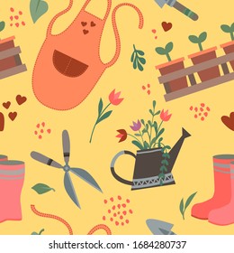 Seamless pattern with gardening elements. Potted plants, watering can. Spring time vector drawing. Elements for design, packaging, fabric.