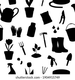 Seamless pattern gardening elements silhouettes vector illustration. Garden tools.