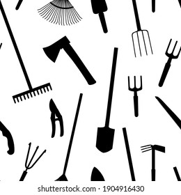 Seamless pattern gardening elements silhouettes vector illustration. Garden tools