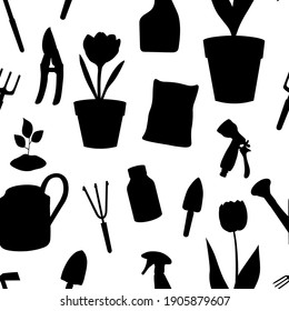 Seamless pattern gardening elements silhouettes vector illustration. Garden tools