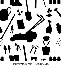 Seamless pattern gardening elements silhouettes vector illustration. Garden tools