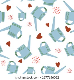 Seamless pattern with gardening elements, watering can. Spring time vector drawing. Elements for design, packaging, fabric.
