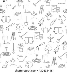 Seamless Pattern Gardening Equipment , Line Icons Agricultural Tool , Garden Tools on White Background, Black and White Vector Illustration