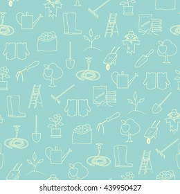 Seamless Pattern Gardening Equipment , Line Icons Agricultural Tool ,Garden Tools on Green Background, Vector Illustration 
