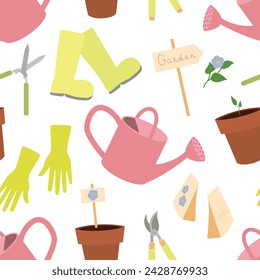 Seamless pattern with gardening equipment watering can, hedge shears, garden pruners, rubber boots, planting pots