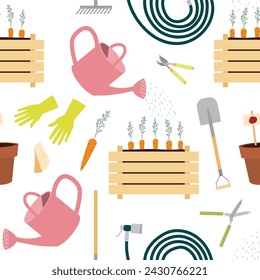 Seamless pattern with gardening equipment watering can, water hoses, seedling boxes, hedge shears, garden pruners, planting pots