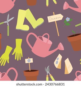 Seamless pattern with gardening equipment watering can, hedge shears, garden pruners, rubber boots, planting pots