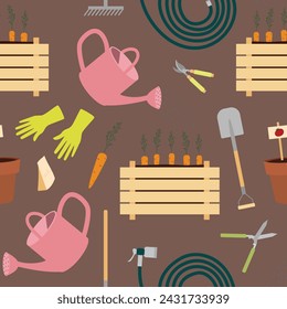 Seamless pattern with gardening equipment watering can, water hoses, seedling boxes, hedge shears, garden pruners, planting pots