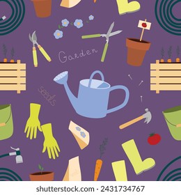 Seamless pattern with gardening equipment watering can, hedge shears, garden pruners, rubber boots, planting pots