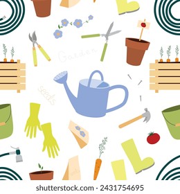 Seamless pattern with gardening equipment watering can, hedge shears, garden pruners, rubber boots, planting pots