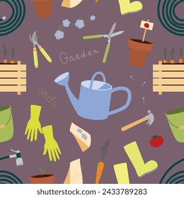 Seamless pattern with gardening equipment watering can, hedge shears, garden pruners, rubber boots, planting pots