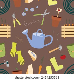 Seamless pattern with gardening equipment watering can, hedge shears, garden pruners, rubber boots, planting pots