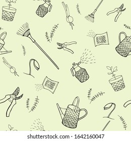 Seamless pattern of gardening. Garden tools