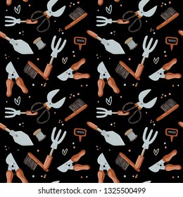 Nahtloses Muster mit Gartengrafik stilisierter Werkzeuge. Skandinavische Illustration. Vektorillustration auf Farbverlauf-Hintergrund. Gutes Stoffdesign und Packpapier 