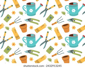 Seamless pattern of gardening items in hand drawn style. Agricultural and garden tools for spring work.