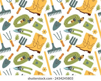 Seamless pattern of gardening items in hand drawn style. Agricultural and garden tools for spring work.