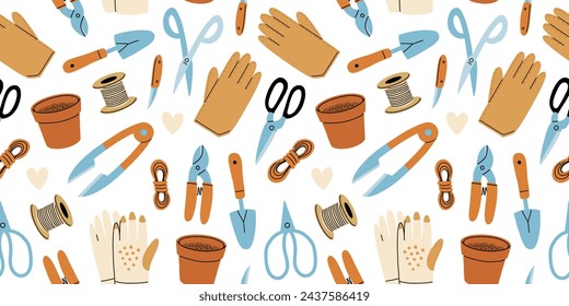 Seamless pattern of gardening items in hand drawn cartoon style. Various agricultural and garden tools for spring work. Garden gloves, pots, scissors, rope and knife. Vector clip art illustration.