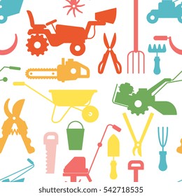 Seamless Pattern - Gardening And Landscaping Tools And Equipment Silhouettes, Modern Design, Isolated On White Background. Design For Textile, Background, Paper. 