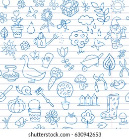 Seamless pattern of gardening objects are drawn on a notebook in a ruler. Textures for wallpaper, fills, web page background.