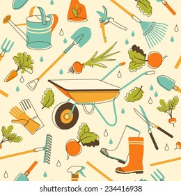 Seamless pattern of  gardening objects in vintage style