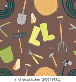 Seamless pattern with gardening pitchforks, shovels, hedge shears, garden pruners, rubber boots, water hoses