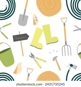 Seamless pattern with gardening pitchforks, shovels, hedge shears, garden pruners, rubber boots, water hoses