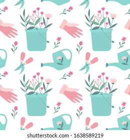 Seamless pattern gardening set. Plants, flowers, watering can, scissors, gloves. Vintage print for packaging, fabric, wallpaper.