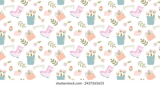Seamless pattern, Gardening Spring bright. Rubber boots, Bucket, Flowers bouquet, Bird. Leaves. Vector Flat Cute background for Printing on paper, Fabric, Packaging, Textile. Design Art Template.