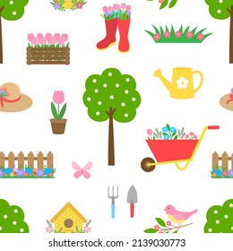 Seamless pattern Gardening spring flowers vector illustration
