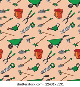 Seamless pattern with gardening supplies doodle vector