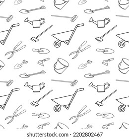 Seamless pattern with gardening supplies hand drawn doodle outline vector