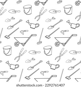 Seamless pattern with gardening supplies hand drawn doodle outline vector