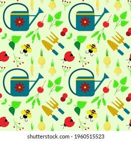 Seamless pattern with a gardening theme. Vector illustration of garden elements: watering can, radish, bee, ladybug, flower bulbs, cherry, leaves, berries. Background for packaging, textiles or web.