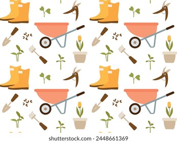 Seamless pattern with gardening tools and a flower in a pot on a transparent background. Vector illustration for print, wallpaper, textile, wrapping paper